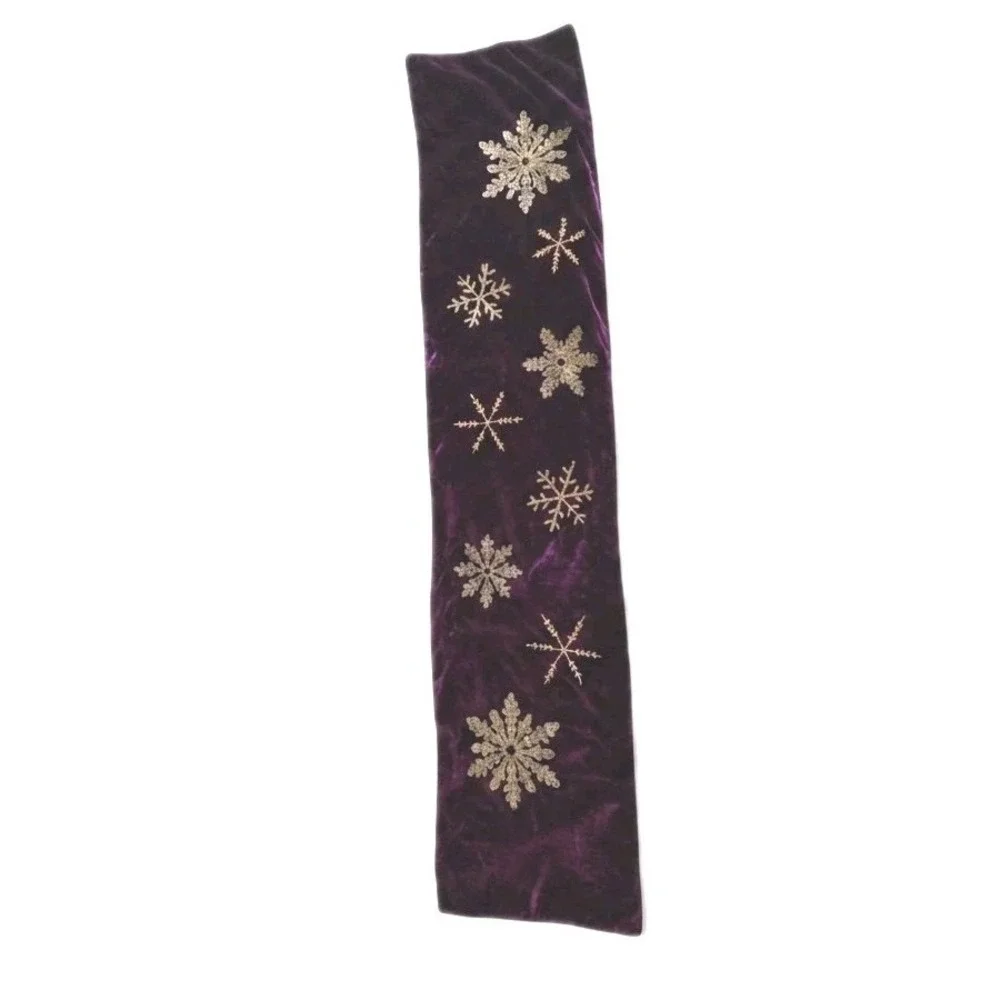 Rachel Ashwell Purple Gold Stud Velvet Snowflake Table Runner Embroidery Holiday